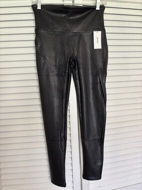 SPANX Black Faux Leather High-Waist Shapewear Leggings with Red Tag
